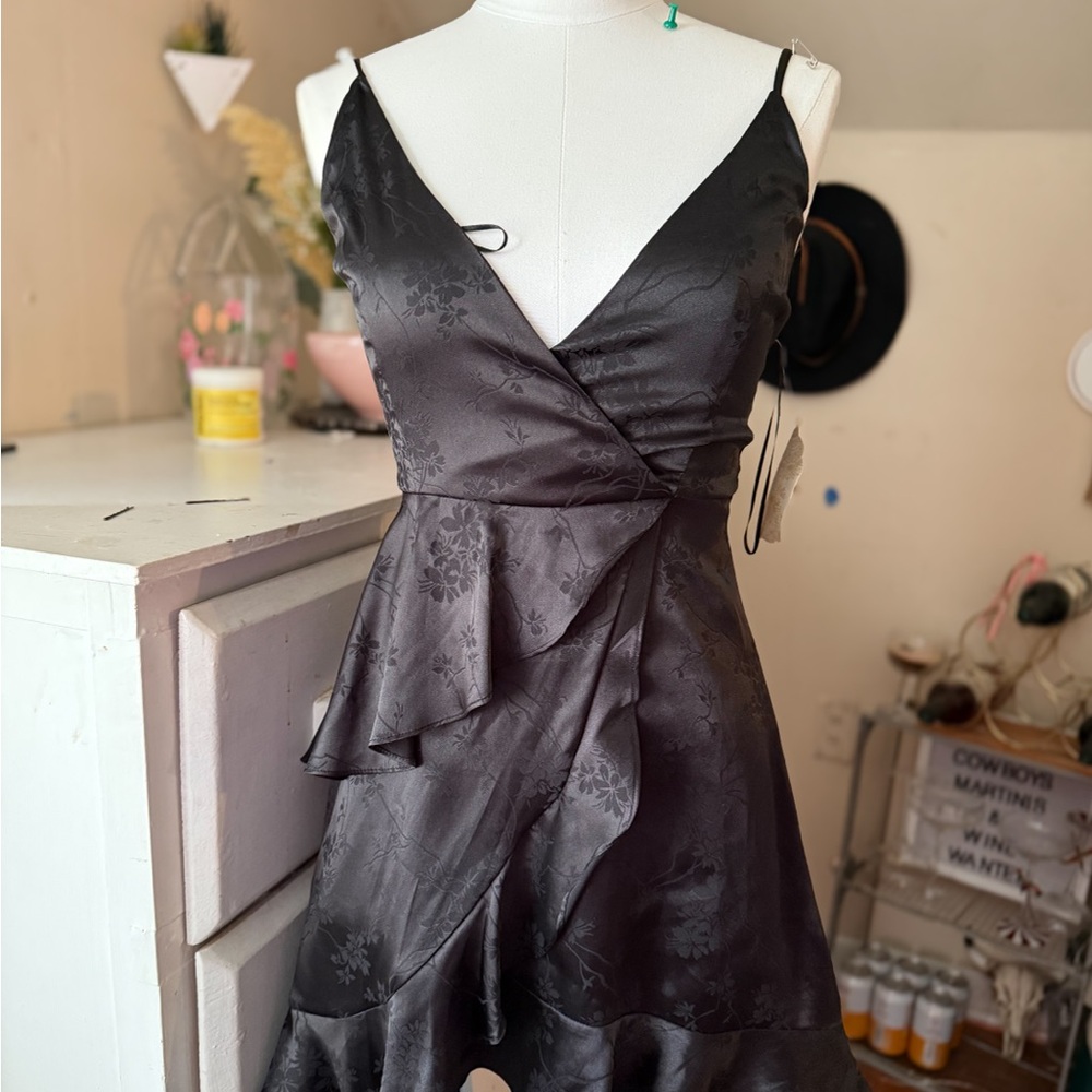 Black Satin Ruffle Mini Dress - Never Worn